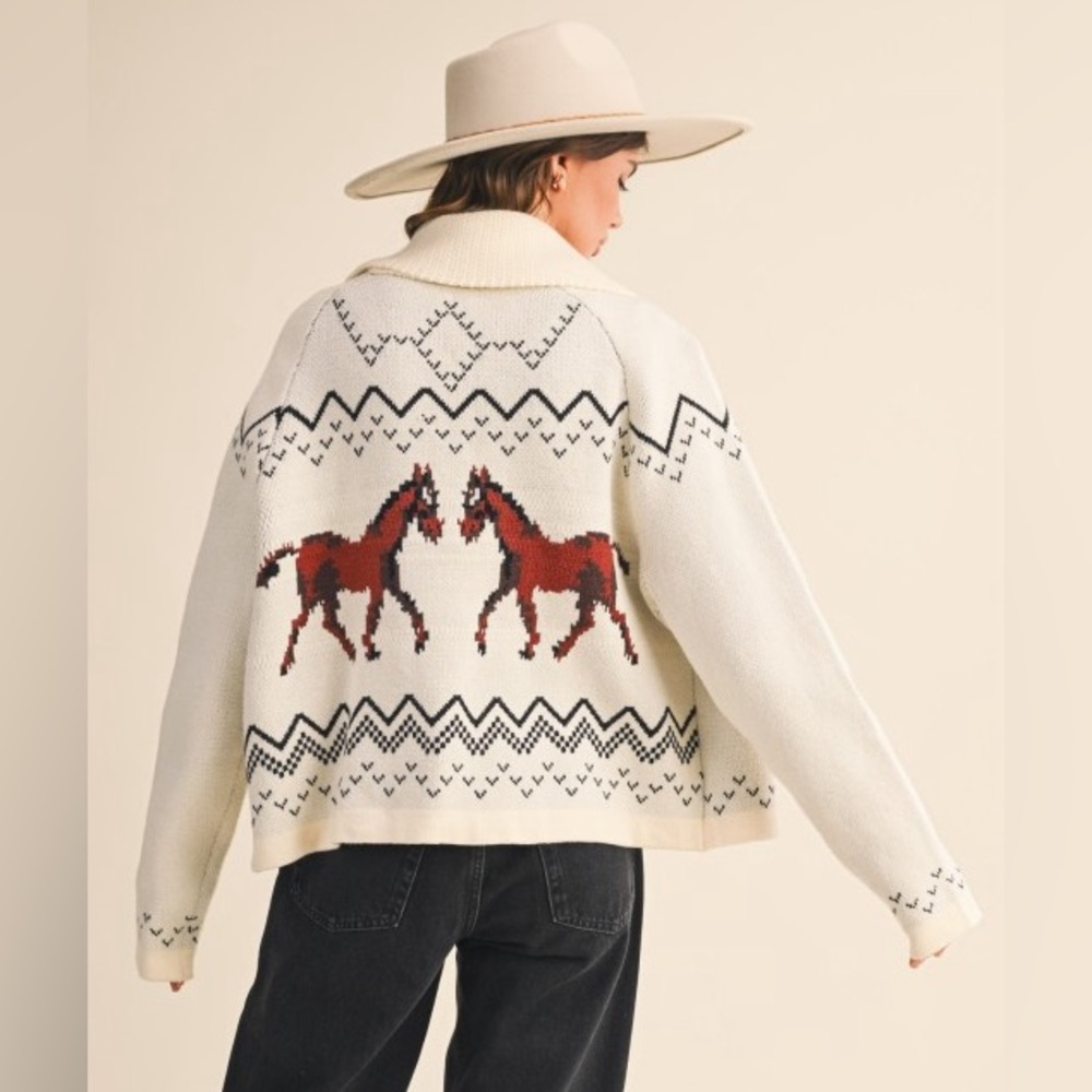 Ivory Horse Pattern Sweater Horse knit sweater cardigan Boutique